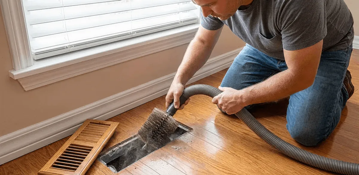Air duct cleaning technician vacuuming a floor vent and duct opening in Worcester, MA