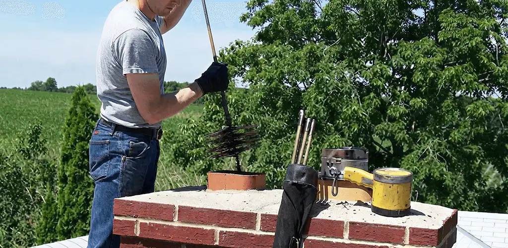 Chimney cleaning technician working on a rooftop chimney with professional tools in Worcester, MA