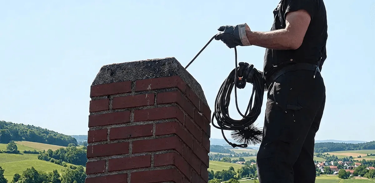 Chimney sweep inspecting and cleaning a rooftop chimney in Worcester, MA