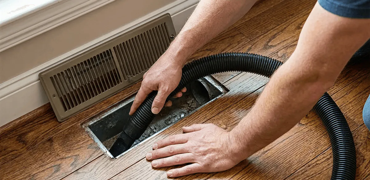 Air duct cleaning technician vacuuming a floor register and duct opening in Worcester, MA
