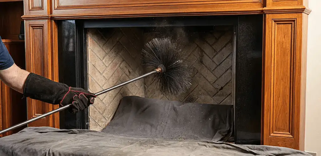 Chimney cleaning service brushing soot from a fireplace and flue in Worcester, MA
