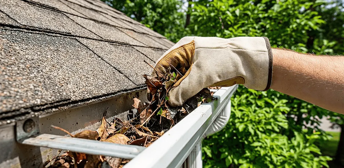Gutter cleaning removing leaves and debris from roof gutters in Worcester, MA