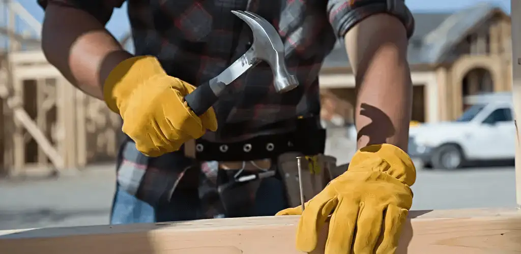 Handyman fixing wood trim with a hammer for home repairs in Worcester, MA