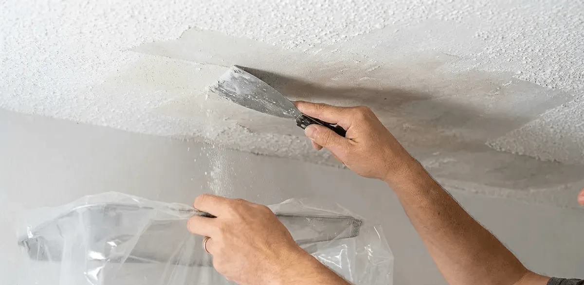 Popcorn ceiling removal technician scraping texture from a ceiling in Worcester, MA