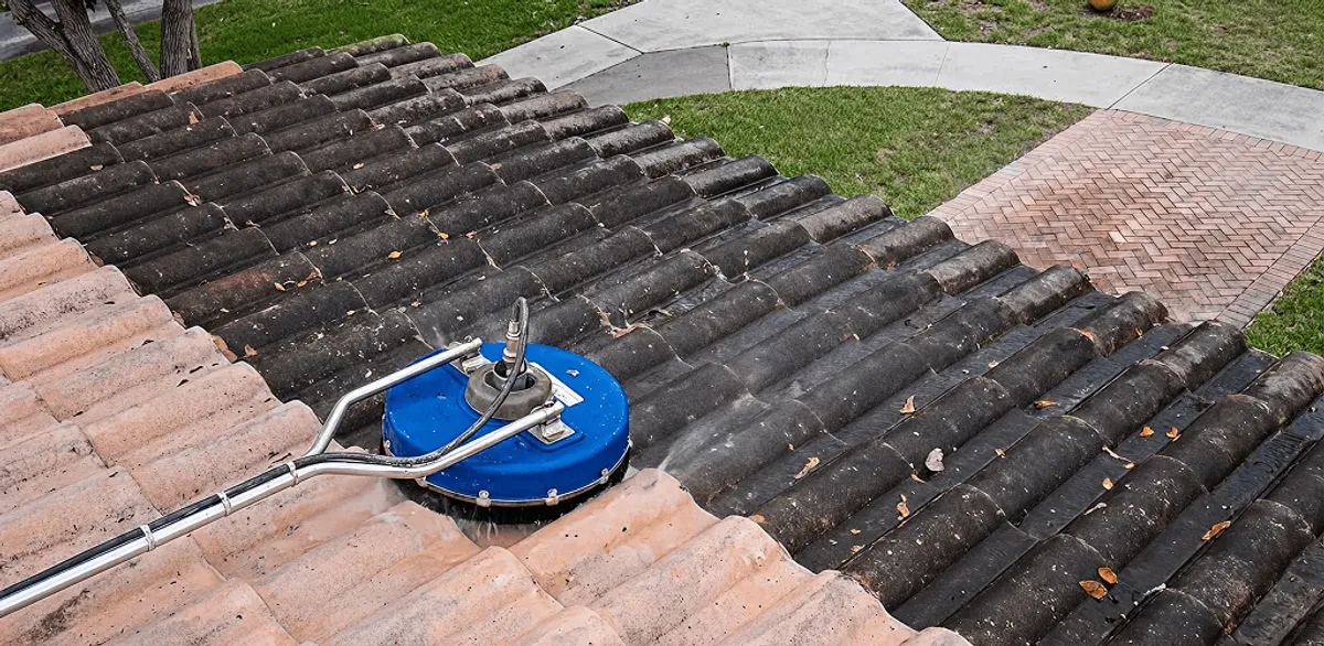 Roof pressure cleaning removing debris and buildup from roof tiles in Worcester, MA