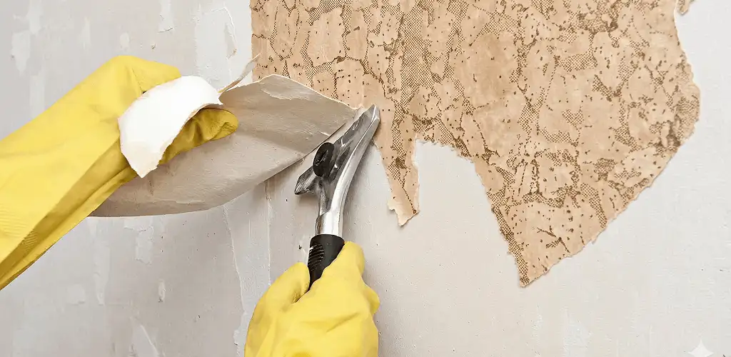 Wallpaper removal service stripping old wallpaper from a wall in Worcester, MA