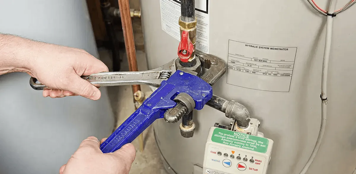 Water heater repair technician tightening the shutoff valve and supply line in Worcester, MA